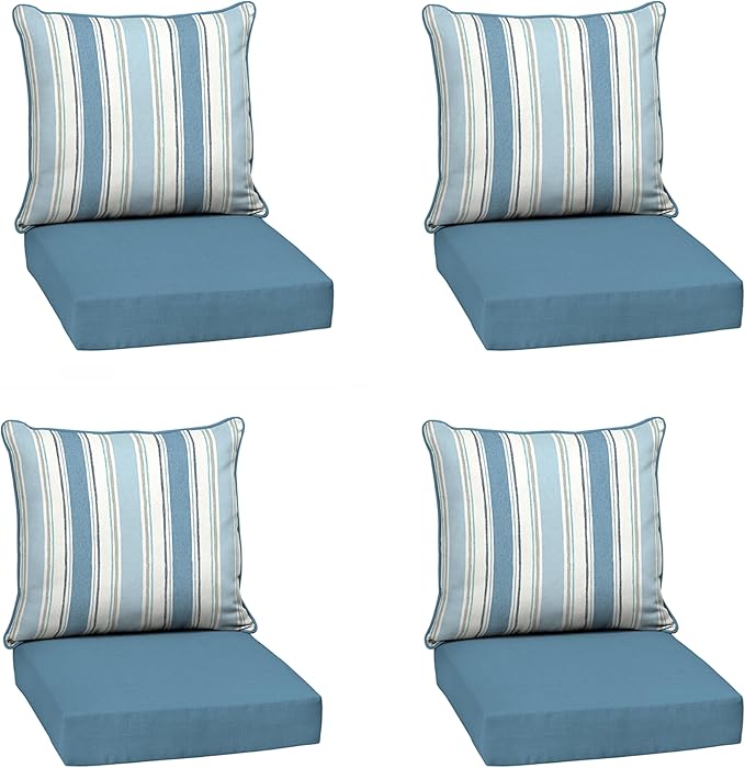 Arden Outdoor Deep Seat Cushion Set (4-Pack), 24 in x 24 in, Weather-Proof, Rain-Proof, Fade Resistant Patio Cushion for Chair, Sofa, and Couch French Blue Linen Stripe