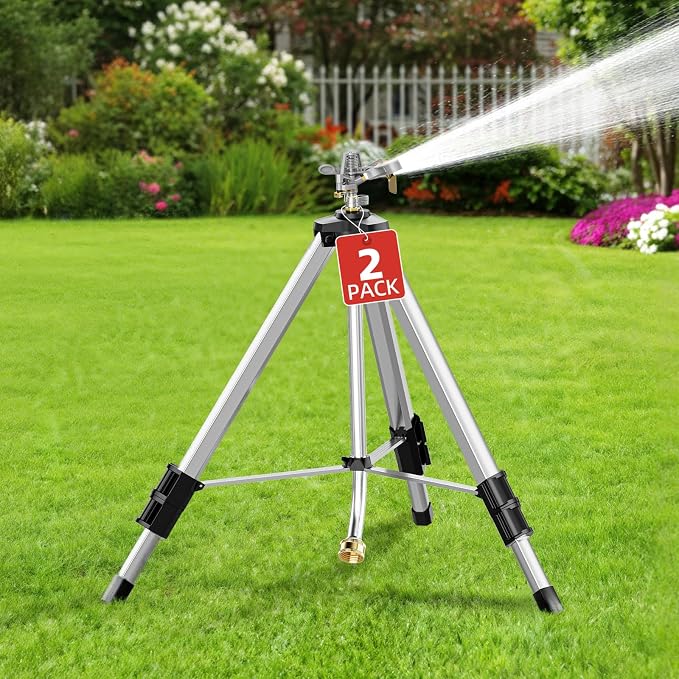 SPECILITE 36”Brass Impact Tripod Sprinkler, Heavy Duty Metal Pulsating Telescoping, Sprinklers for Yard, Lawn & Garden Irrigation, 360 Degree Waters up to 70ft Covering 5660sqft (2 Packs)