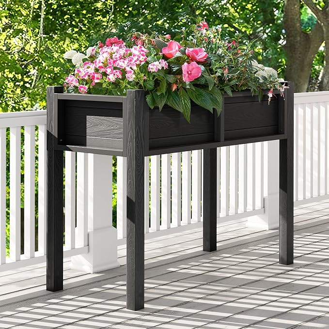 DWVO Raised Planter Box with Legs Raised Garden Bed HDPE Poly-Wood All-Weather Elevated Garden Bed with Drainage System Planter Boxes Outdoor for Herbs Vegetables Flowers, Black