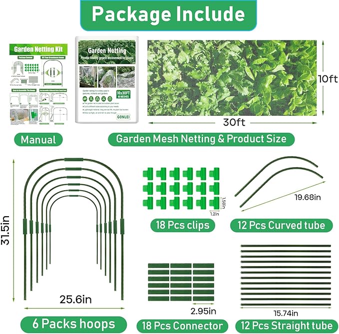 GonLei 10x30FT Garden Mesh Netting Kit Raised Beds (6 Pcs Garden Hoops & 18 Clips) Garden Hoops Plant Row Covers Netting Protection Berry Bush Trees Grass Seed Barrier Net