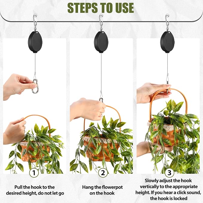 Leinuosen 8 Pack Upgraded Plant Pulleys for Hanging Plants Heavy Duty Retractable Plant Hanger, 304 Stainless Steel Rope Adjustable Climbing Hook for Garden Baskets Pots, Birds Feeder (Black)