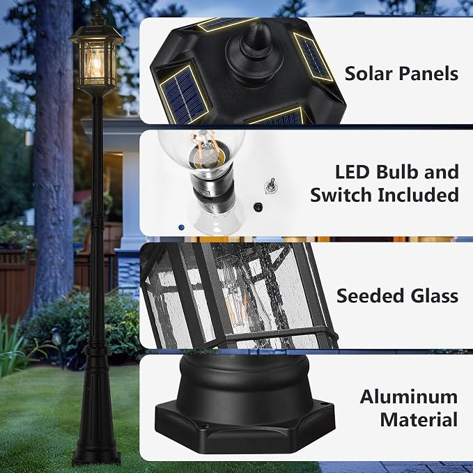 Emliviar 82" Solar Street Lamp Outdoor, LED Dusk to Dawn Pole Solar Light with Remote Control, Waterproof Post Lighting with Seeded Glass, A2202110PL-SL BK