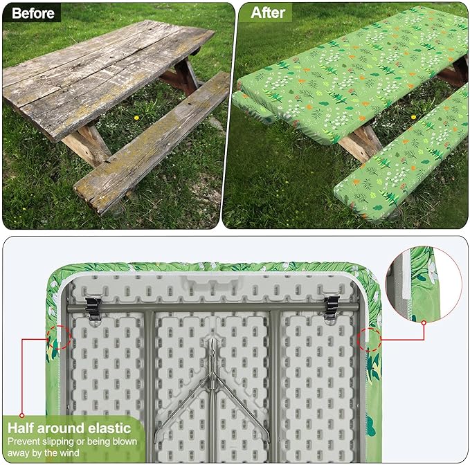 Picnic Table Cover with Bench Covers Camping Essentials Waterproof Windproof Camping Tablecloth with Drawstring Bag, Fitted Rectangle Tables and Seats, 60in, Grass Green
