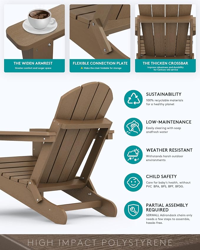 SERWALL Folding Adirondack Chair Set of 2 Outdoor Chairs Painted Adirondack Chair with Cup Holder Weather Resistant for Patio Deck Garden, Backyard Deck, Fire Pit- Brown
