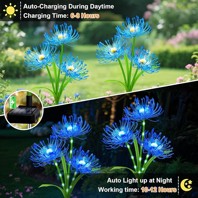 Solar Garden Flower Lights Outdoor, 4 Pack Blue Spider Lily Solar Lights with Glowing Stems, IP65 Waterproof LED Yard Decor for Patio Lawn Pathway, Mother's Day Valentine Gifts for Women Mom Grandma