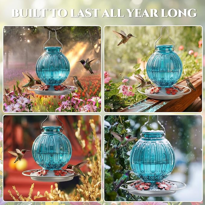 2 Pack Glass Hummingbird Feeder for Outdoors Hanging, Bird Nectar Feeder with Perch & 5 Flower Feeding Ports, 26 Oz Leak Proof for Outside Garden Decor Backyard, Gifts for Women Mom, Red + Blue