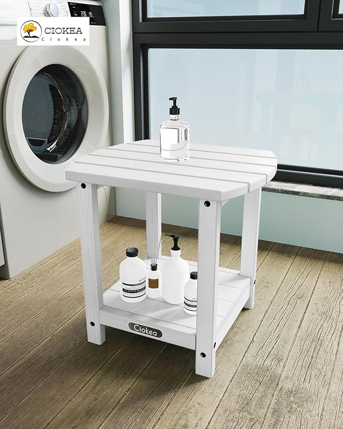 Ciokea Adirondack Outdoor Side Table 2 Pack, 2-Tier Sturdy Patio End Table for Patio, Pool, Porch, White