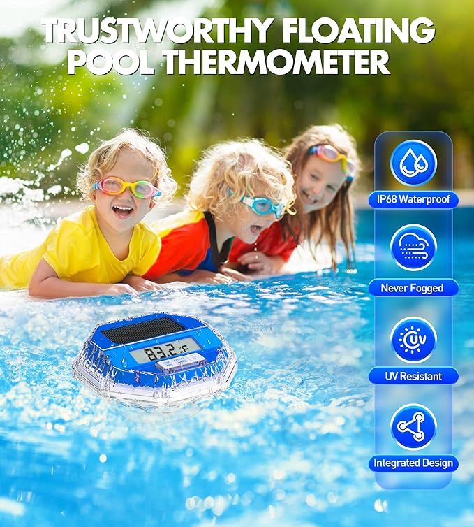 Sinbyuer 2026 Upgrade Digital Solar Pool Thermometer Easy Read | Pool Temperature Thermometer Floating with Dynamic Light Show | Large LCD Screen & Big Number Pools Temperature Gauge for Hot Tub & Spa