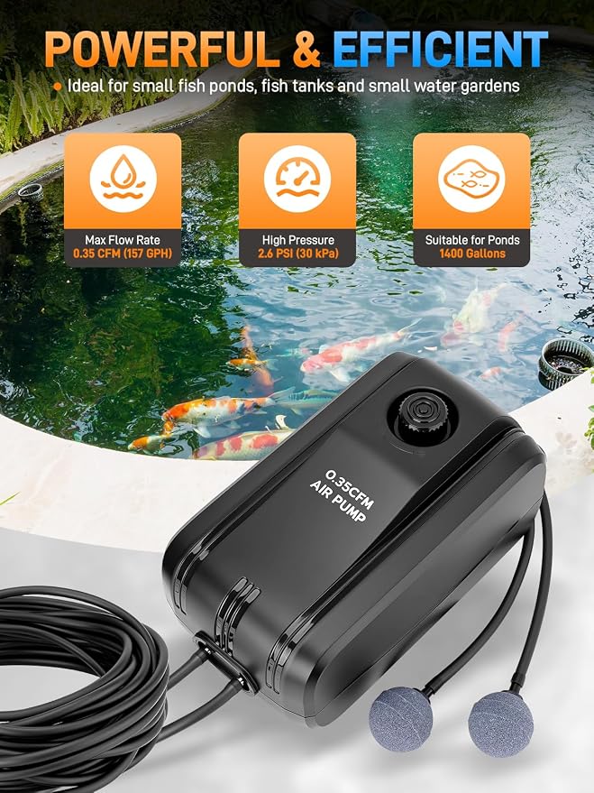 Pond Aerator 2 Outlets Air Pump Pond Aeration Kit with 30Ft Airline Tubings, 2 Check Valves & Air Stones, 5W Complete Pond Air Pumps for Small Fish Ponds up to 1400 Gallons and 4 Feet Deep