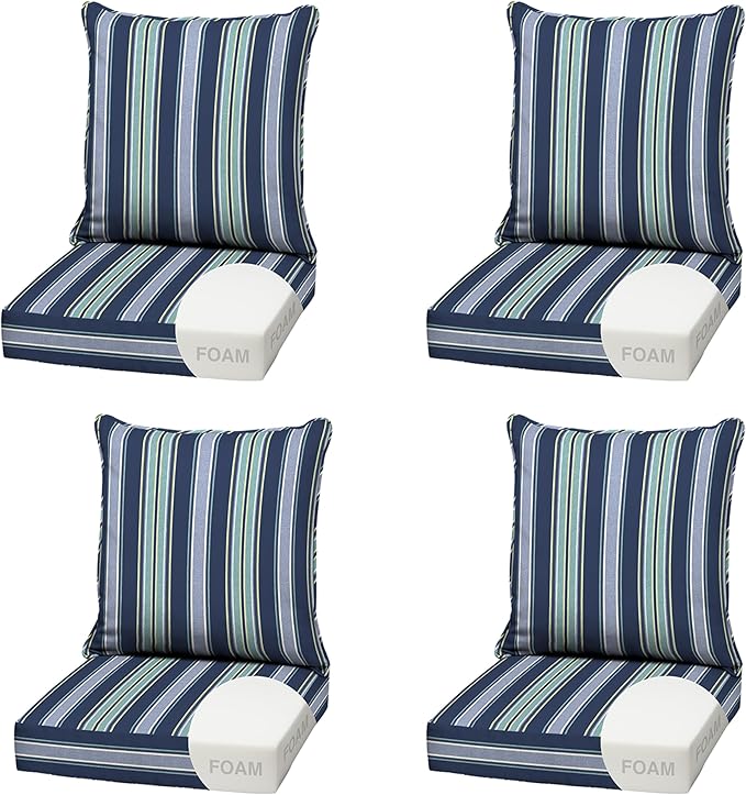 Arden Outdoor Foam Deep Seat Cushion (4-Pack), 22x24, Premium High-Density Foam, Never Flattens, Weather-Proof for Patio Chair Sofa Couch, Sapphire Aurora Blue Stripe
