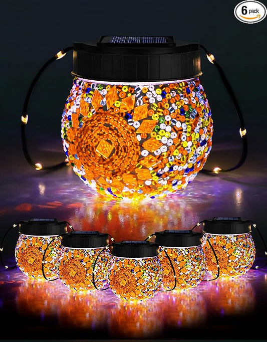 Mosaic Solar Lights Outdoor 6 Pack, Solar Hanging Lanterns Christmas Halloween Gifts for Women Mom Grandma, Waterproof Glass Globe Lights, Garden Patio Decor for Yard, Tree, Balcony, Warm