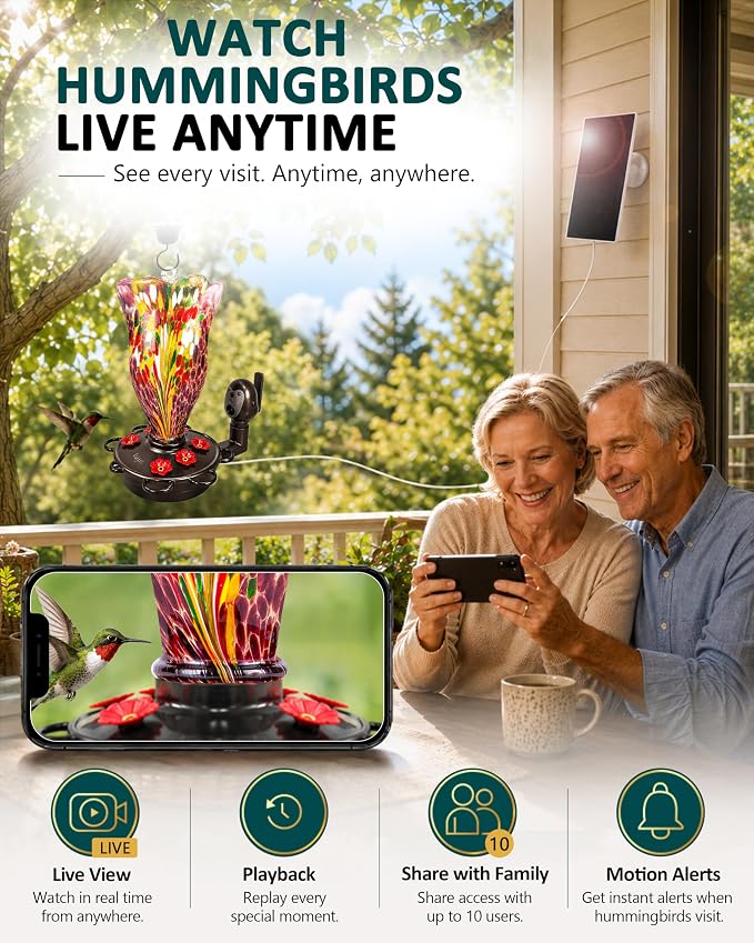 LUJII Smart Hummingbird Feeder with Camera, Hand Blown Glass for Outdoor Hanging, Solar WiFi Feeder with Live View App, 6 Feeding Ports, Leak-Resistant Design, Ant Moat & Gift Box, 32 fl oz, Purple