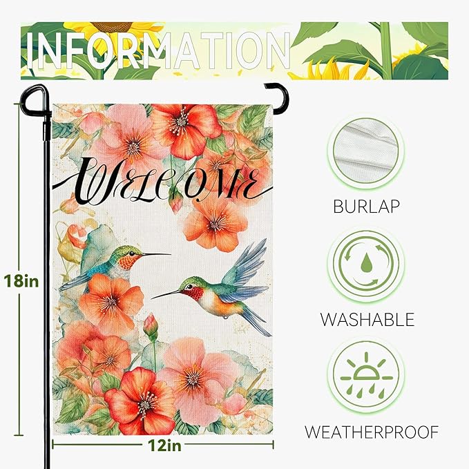 Hummingbird Garden Flag Summer Welcome Printing Garden Flag Watercolor Burlap Yard Flags for Outside Double Side Floral Spring Garden Flags Decor Standard Size 12×18 Inch