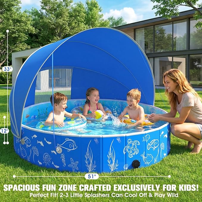 FizZeal Kiddie Pool with Canopy, 51in Foldable Toddler Pool,Pop Up Baby Pool with Shade,UPF 50+UV Portable Swimming Pool for Kids,Collapsible Baby Pool for Beach, Outdoor Toddler Pool for Backyard