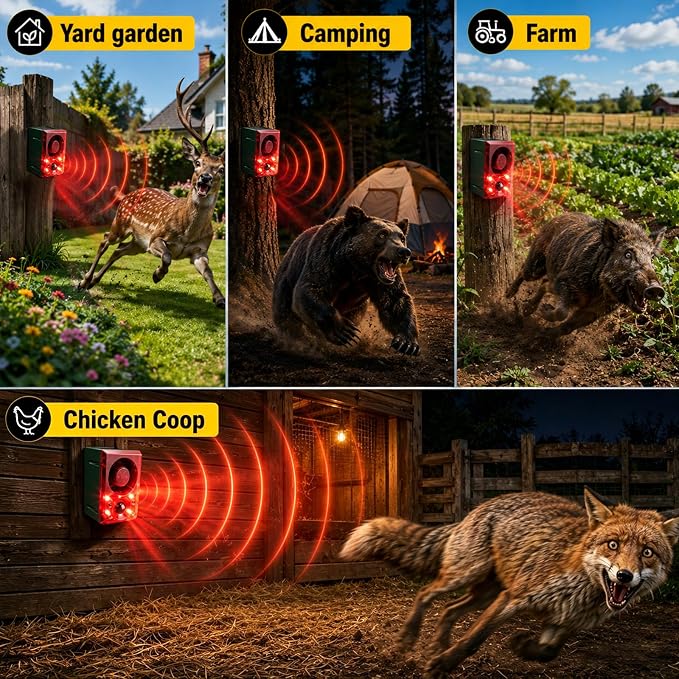 ChunHee Solar Outdoor Motion Sensor Alarm with Dog Barking Gunshot Sound, Support Recording and Adjustable Volume, 130db Loud Noise Maker 3 Work Modes Strobe Light for Home, Villa, Farm, Barn (2pack)