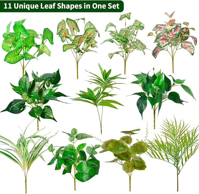 Artificial Plants Outdoor Greenery Stems, 11PCS Faux Greenery Bushes UV Resistant Plastic Shrubs with Real Touch Flexible Leaves, Fake Plants for Planter Garden Patio Porch Window Box Fence Yard Decor