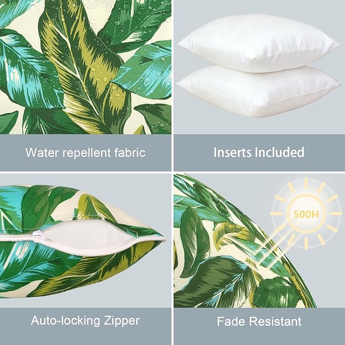 LVTXIII Outdoor Throw Pillows 18x18 Patio Waterproof Square Pillows with Piping Fade Resistant Accent Pillow for Spring Summer Garden Decoration, Set of 2, Lush Leaf Jungle