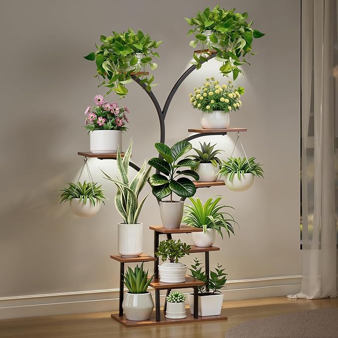 VECELO Plant Stand with LED Light, 10-Tier Indoor Plant Shelf with Supplemental Lighting, Metal Frame & Wood Shelves with Hanging Hooks, Space-Saving Plant Rack for Living Room or Corner Display