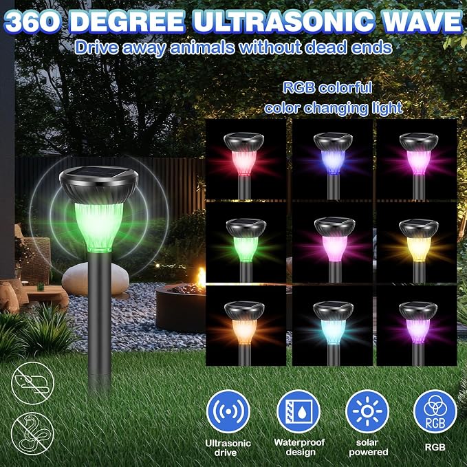 6 Pack Solar Ultrasonic Animal Repellent with RGB Color-Changing Lights, 360° Sonic Pest Deterrent for Outdoor Lawn & Garden, Solar Powered Mole, Gopher & Snake Repellent Stakes