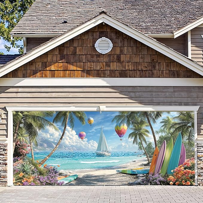 7 * 16FT Summer Hot Air Balloon Garage Door Cover Decorations Sunset Palm Trees Garage Door Banner for Outdoor Indoor Summer Party Photography Backdrop