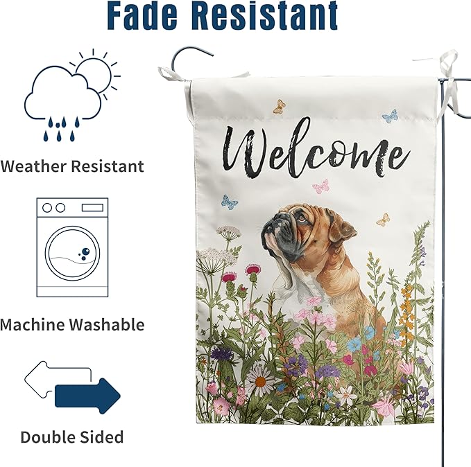 Floral English Bulldog Garden Flag Spring Summer House Flags 28 x 40 Double Sided Flower Dog Yard Flags for Outside Large Outdoor Welcome Flags