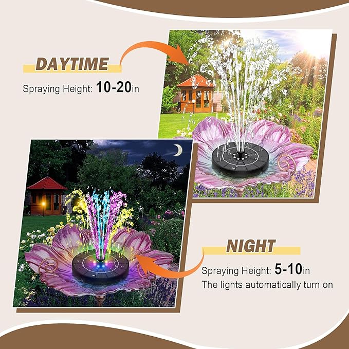 Yzert Solar Fountain for Bird Bath Colorful Lights Automatic Cycle 3.5W Solar Water Fountain Outdoor Garden 2200mAh Battery