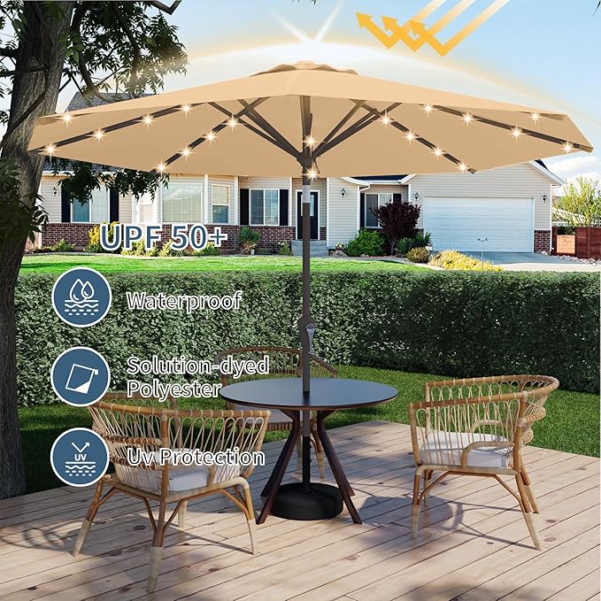 9FT Patio Umbrella with Solar Lights,Outdoor Market Umbrella with Tilt and Crank, LED Lighted Table Umbrella for Garden,Deck,Backyard,Pool,Beach