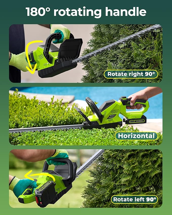 20'' Hedge Trimmer Cordless with Battery, 3000RPM Electric Handheld Bush Clipper with 2pcs 2000mAh Rechargeable Batteries, 180° Rotatable Head, 2/3'' Blade Gap Green, Gardening Gifts for Mother's Day
