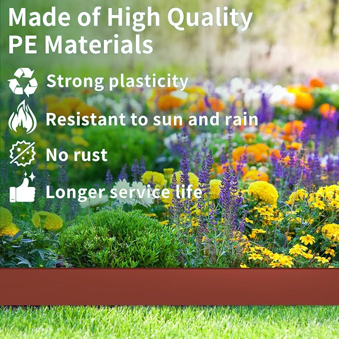 4 in x 33 Ft Garden Landscape Edging, No Dig Garden Edging Border Kit with 61 Pcs Spikes for Flower Bed Lawn Yard Grass Brown
