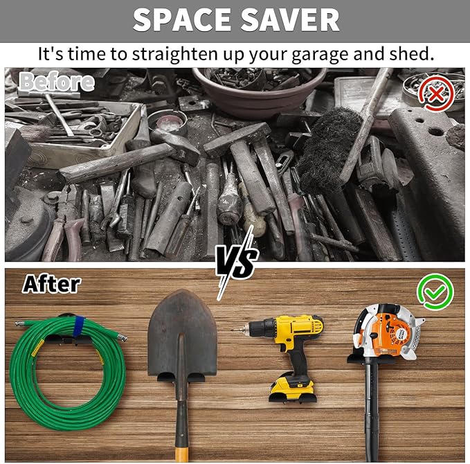 Upgraded Trimmer Rack Wall Mount - 8" Heavy Duty Weed Eater Hanger for Garage Wall, Garden Power Tool Holder Organizer Hooks for Grass Trimmer, Hedge Trimmer, Leaf Blower and Chainsaw, Black, 1 Pack