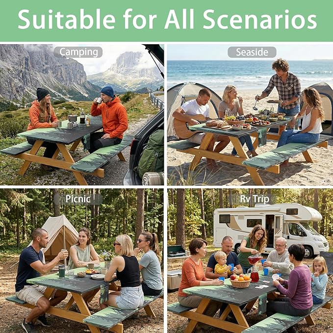 Fitted Waterproof Picnic Table Cover with Bench Covers Elastic Edges Camping Tablecloth for 8 Foot Rectangle Tables Camp Cooking Motorhome Hiking Equipment Car Rv Travel Trailer Needs Gifts