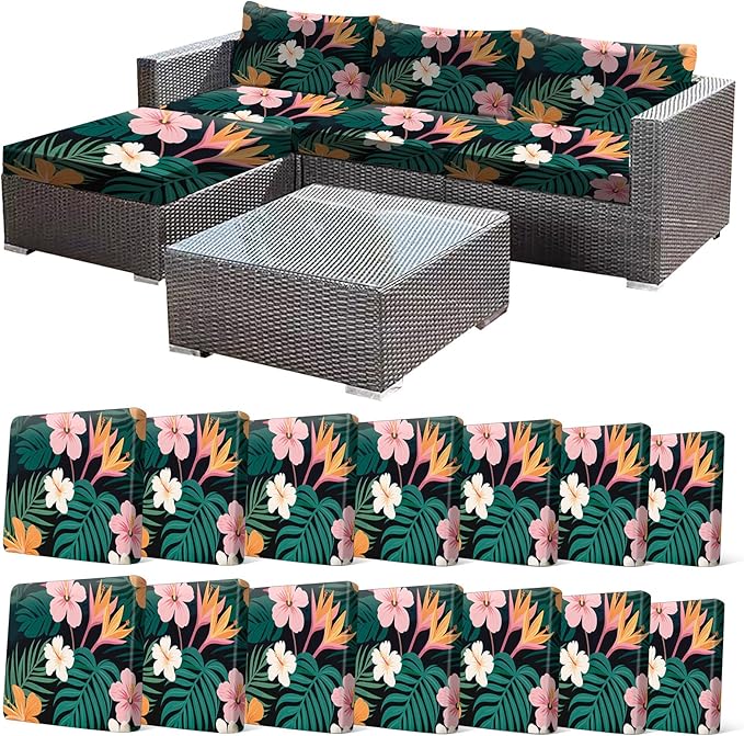 CALBODE 14 Pcs Stretch Outdoor Seat Cushion Covers, Washable Chair Seat Covers for Patio Furniture Cushions Soft Indoor and Outdoor Couch Cover Replacement (Dark Green Botanical, Cover Only)