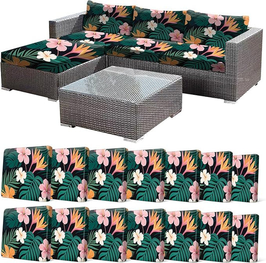 CALBODE 14 Pcs Stretch Outdoor Seat Cushion Covers, Washable Chair Seat Covers for Patio Furniture Cushions Soft Indoor and Outdoor Couch Cover Replacement (Dark Green Botanical, Cover Only)