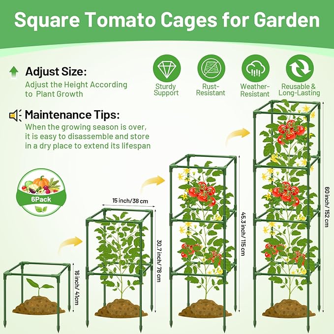 Legigo 6 Pack Square Tomato Cages- 60 Inch Heavy Duty Tomato Trellis for Climbing Plants Outdoor, Tomato Plant Support Stakes Cage Garden Trellis for Garden Raised Garden Bed Cucumbers Vegetables