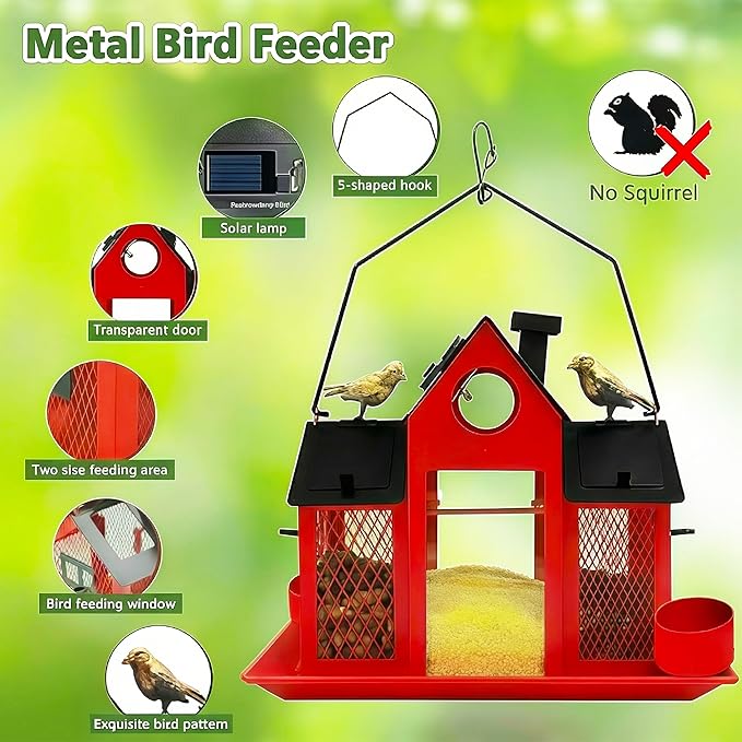 Solar Bird Feeders House for Outside Hanging, Metal Wild Bird Feeder for Outdoors Large Capacity Cardinal Birdfeeder Birdhouses Metal Bird Feeding Station Red