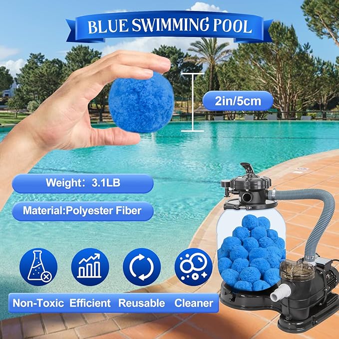 3.1 LBS Blue Pool Filter Balls for Sand Filter, New Efficient Pool Filter Media Balls for Swimming Pool Sand Pump, Eco-Friendly Filter Balls Equals 110 lbs Pool Filter Sand for All Sand Filter System