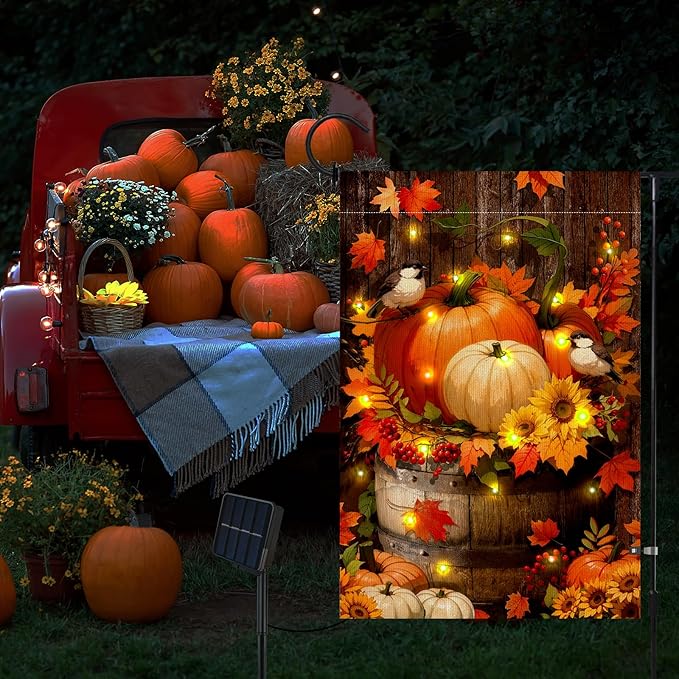 Lighted Pumpkin Fall Garden Flag 12 x 18 Inch Double Sided Burlap Led Autumn Watercolor Bird Garden Flag for Party Yard Outdoor Decoration