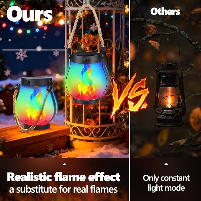 Jyoiat Christmas Solar Flame Lanterns Hanging Outdoor Waterproof - 2 Pack Flame Lanterns with Dual Charging Modes of Solar & USB for Garden or Yard Christmas Decorations (Multicolor - 2 Pack)