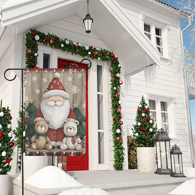 Pfrewn Christmas Winter Garden Flag 12x18 Double Sided Cute Santa Claus with Bear Wodden Small House Yard Flags Welcome Seasonal Outdoor Indoor Banner for Xmas Holiday Yard Home Decoration