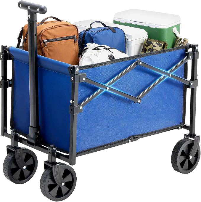 DUMOS Collapsible Wagon with Wheels, 176 lbs Wagons Carts Foldable Wagon Cart with Flexible Handle, Lightweight Portable Folding Utility Grocery Shopping Cart for Grocery Sports Garden Camping - Blue