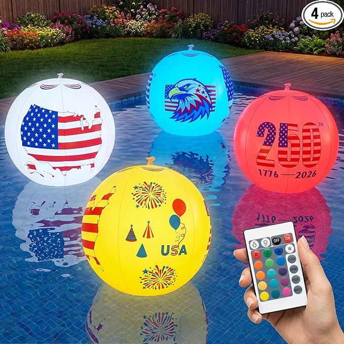 Avatar Controls 4th of July Solar Floating Pool Lights, 16" 4-Pack USA 250th Anniversary Inflatable Balls - Remote 12 Colors, IP68 Waterproof Outdoor Decor for Independence Day & Summer Pool Parties