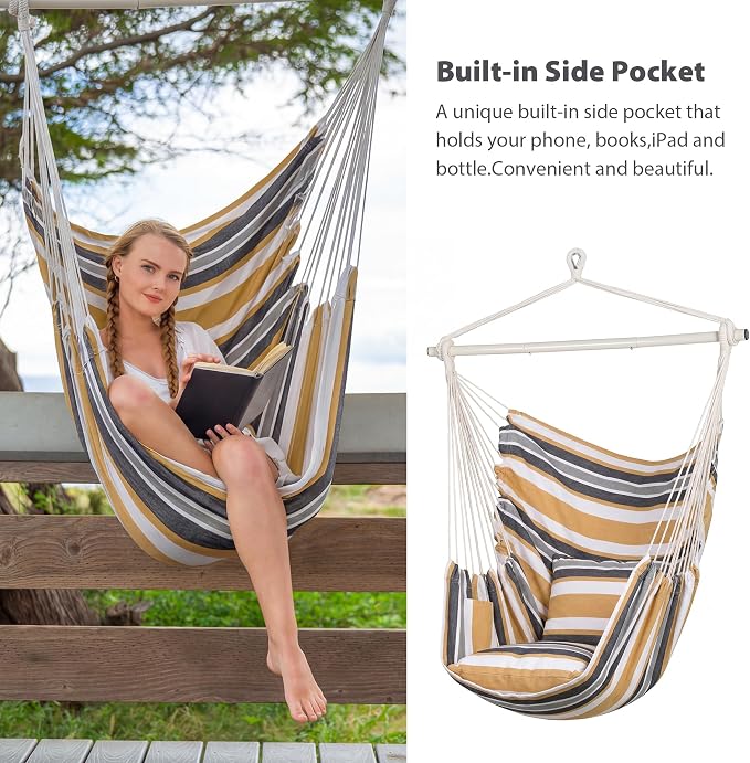 SUNCREAT Hammock Chair Swing with Steel Support Bar, Side Pocket, Large Hanging Chair Outdoor, Max 450lbs Capacity, Coffee Stripes