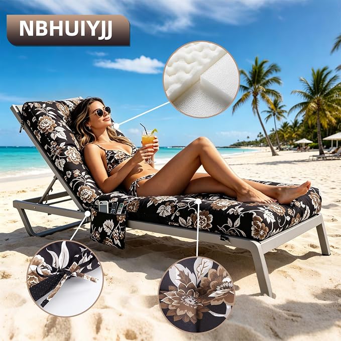 Patio Chaise Lounge Cushions, 68"x21"x4.5" Waterproof Replacement Beach Pool Lawn Outdoor Lounge Chair Cushion with Pocket, Non-Slip Bottom & Secure Ties for Outdoor Furniture, Flower Black