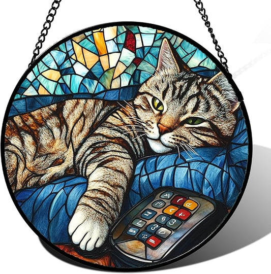 DASTOLL Stained Glass Window Hanging Gray Cat and Remote Control 9.8" - Suncatcher Door Garden Kitchen Sun Catcher Home Decor Birthday for Lost Pets Mom Men Woman Friend Grandma