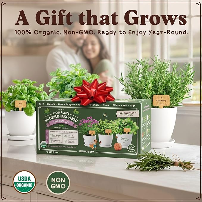 Seedboy Organic 10 Herb Garden Starter Kit for Planting Indoor or Outdoor, Non-GMO USDA Certified Seed, Cool Unique Gift for Gardeners, Mom Birthday, Friends, Plant Lovers (Herb Garden Starter Kit)