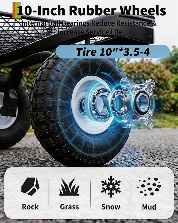 GarveeTech 400LBS Heavy Duty Steel Garden Cart, Garden Wagon Cart on Wheels, Metal Yard Utility Wagon with Removable Mesh Sides, 10" All Terrain Tires, 180° Rotating Handle for Lawn, Garden, Farm