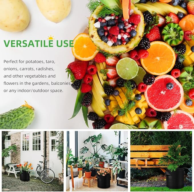 48 Pack 10 Gallon Plant Grow Bags, Thickened Nonwoven Fabric Pots with Handles, Vegetable Planter Bags Containers, Cloth Planters for Garden Vegetable/Flower/Plant/Fruits Outdoor (Black)