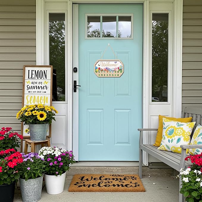 HOURIA 3D Welcome Front Door Sign (11.4”x7”),Floral Butterfly Garden Sign,Colorful Tulip Flower Wreath Sign,Spring Summer Decorations for Home Office Indoor Outdoor