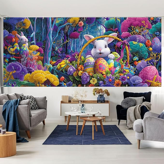 7 * 16FT Summer Garage Door Cover Decorations Sunset Palm Trees Garage Door Banner for Outdoor Indoor Summer Party Photography Backdrop (easter bunny, 7 * 16 ft)