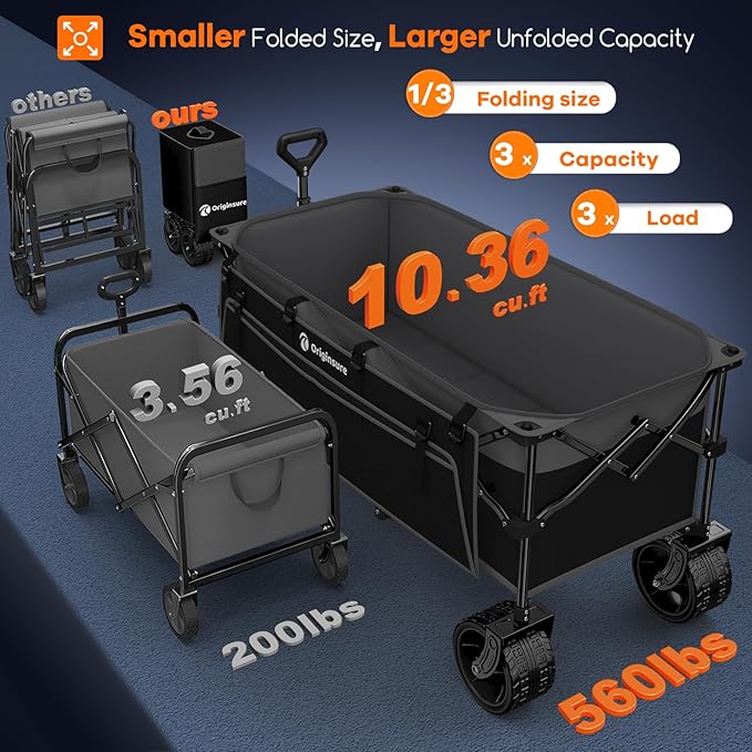 48" L Collapsible Wagon Cart Foldable, 560lbs Weight Capacity 300L Heavy Duty Folding Beach Wagons with Big All-Terrain Wheels, Utility Carts for Groceries, Shopping, Camping, Sports - Grey&Black